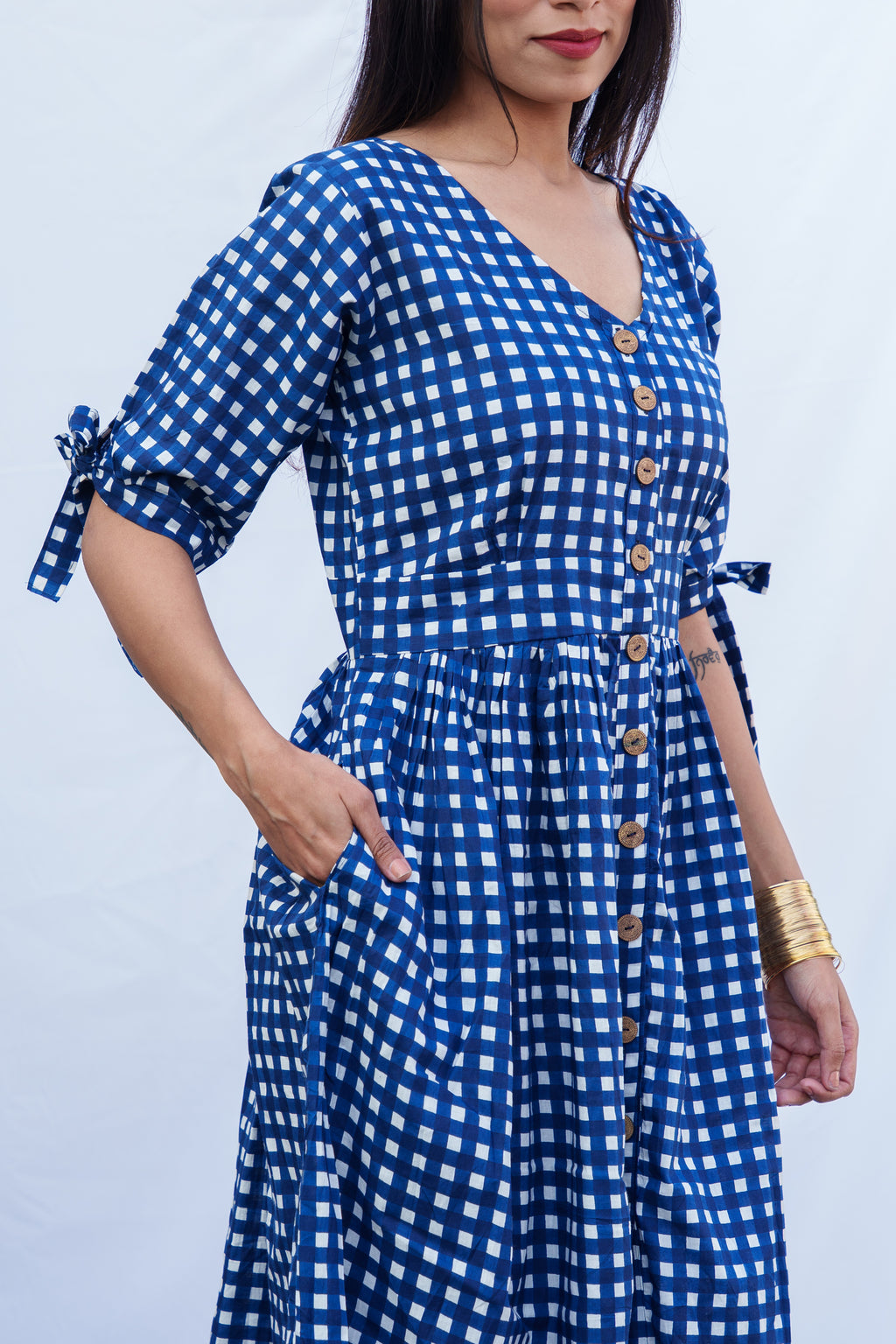 Saanvi cotton check blue dress