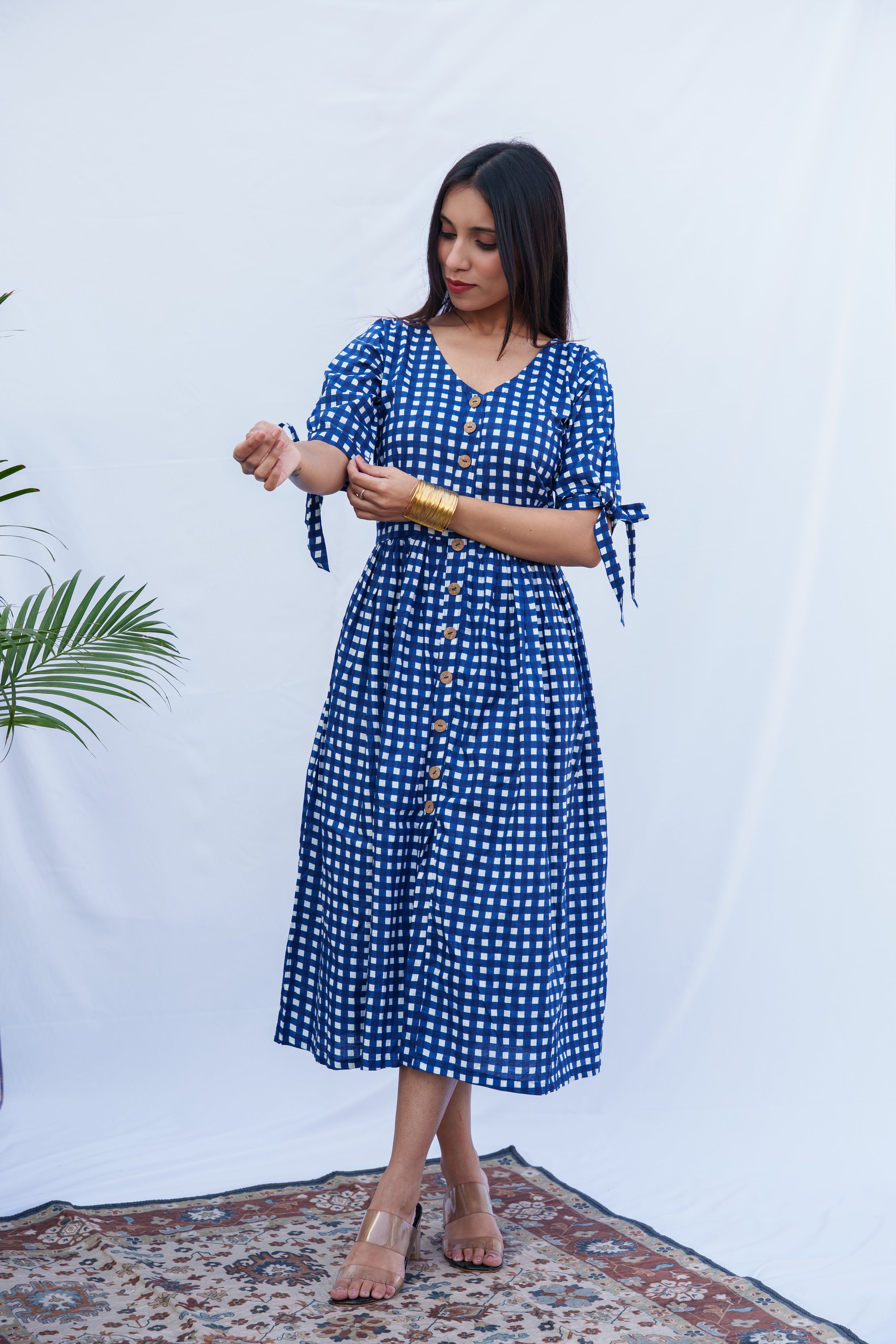 Saanvi cotton check blue dress