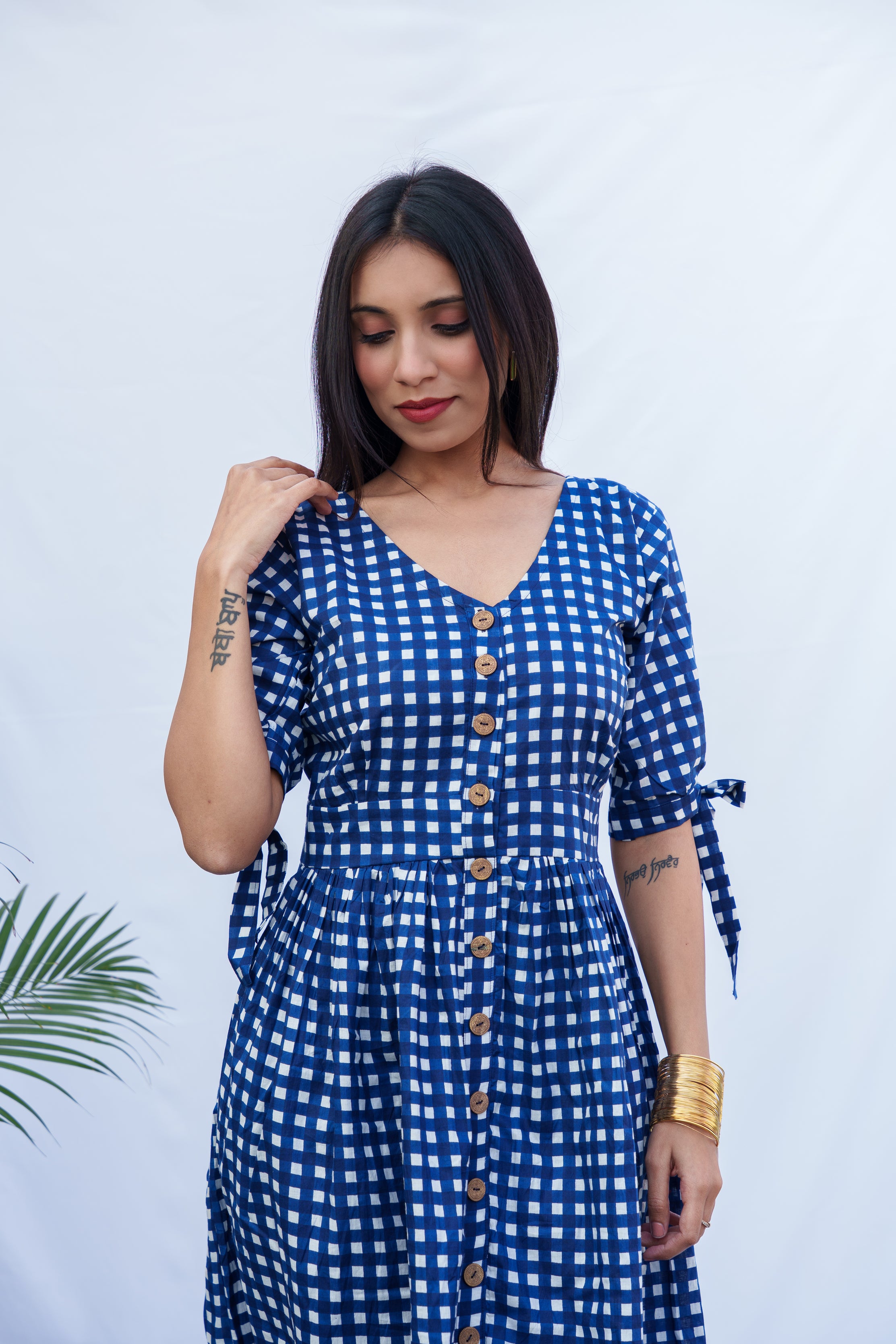 Saanvi cotton check blue dress