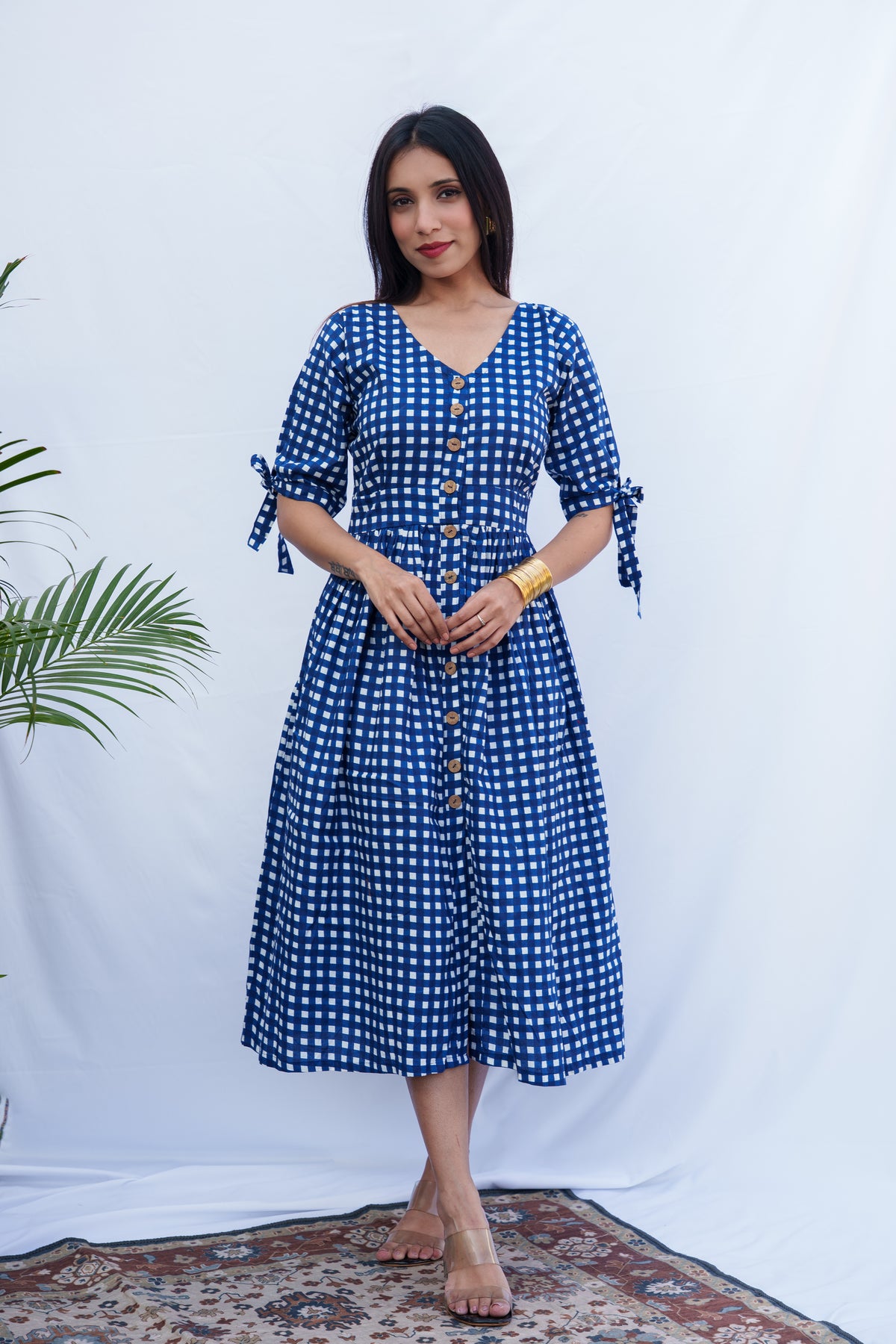 Saanvi cotton check blue dress