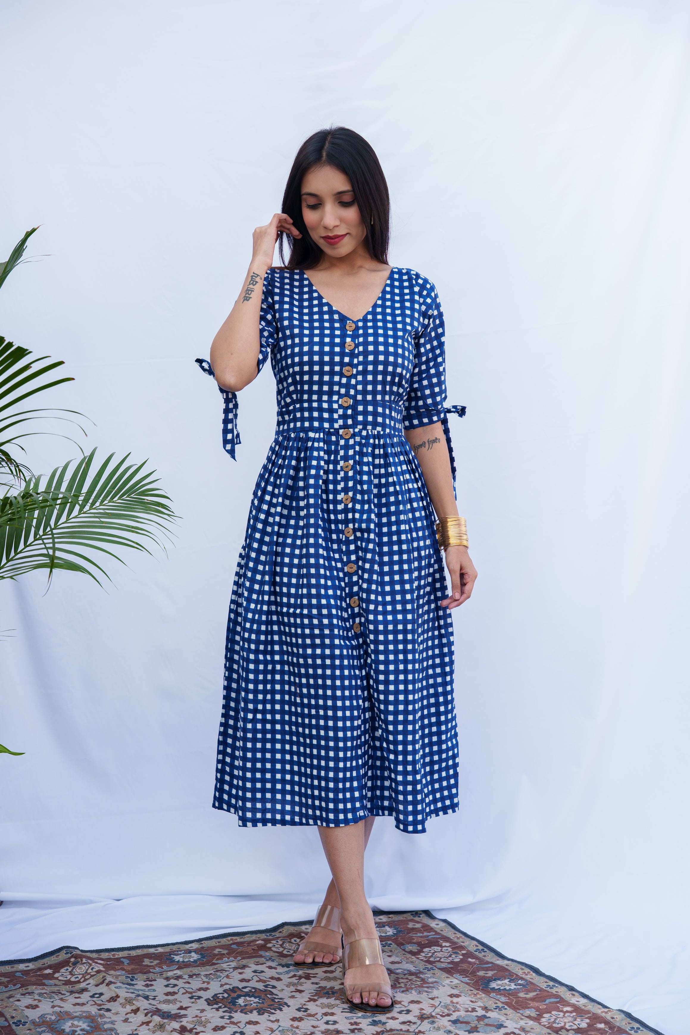 Saanvi cotton check blue dress