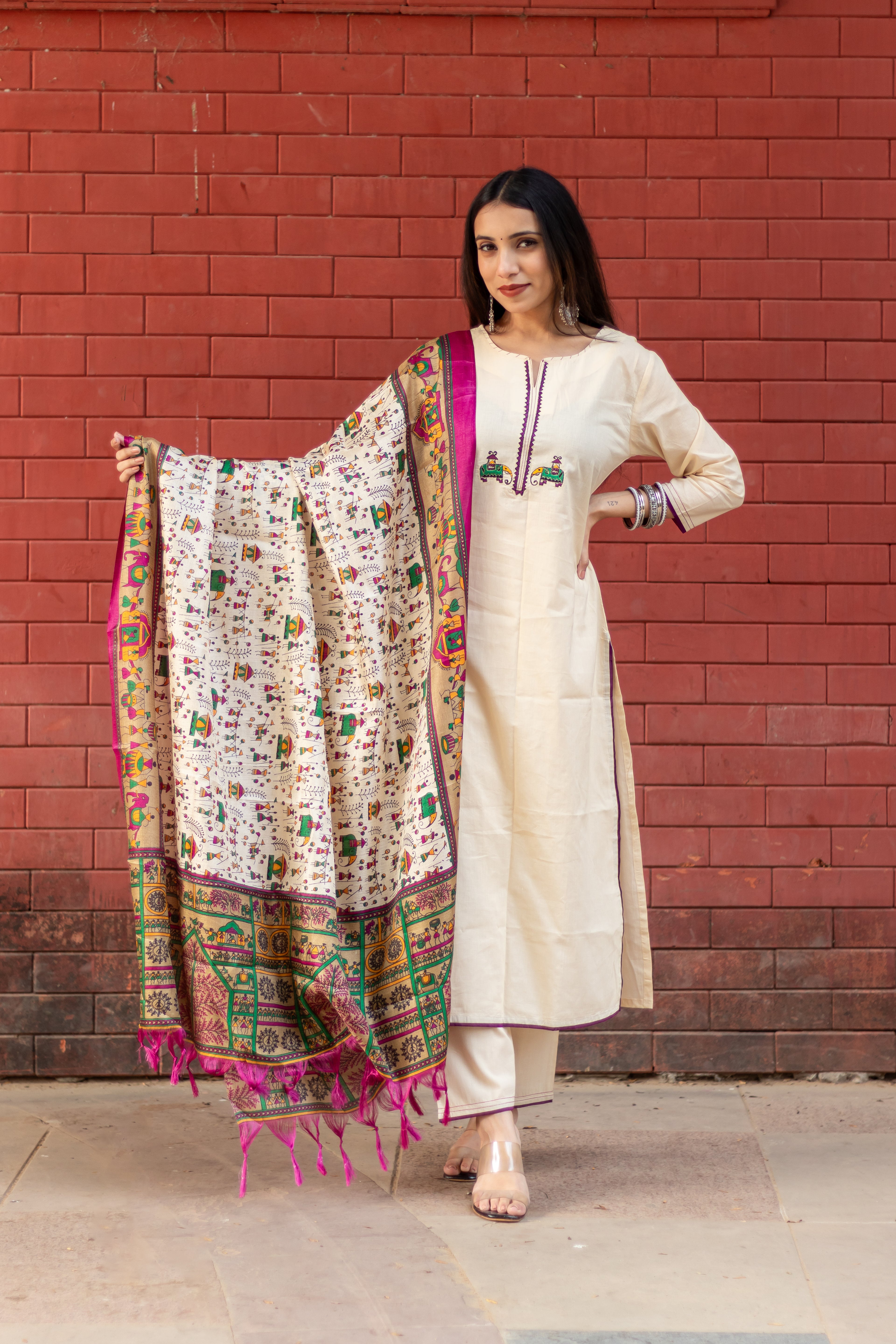 Mughal Motif Solid Cream Suit Set