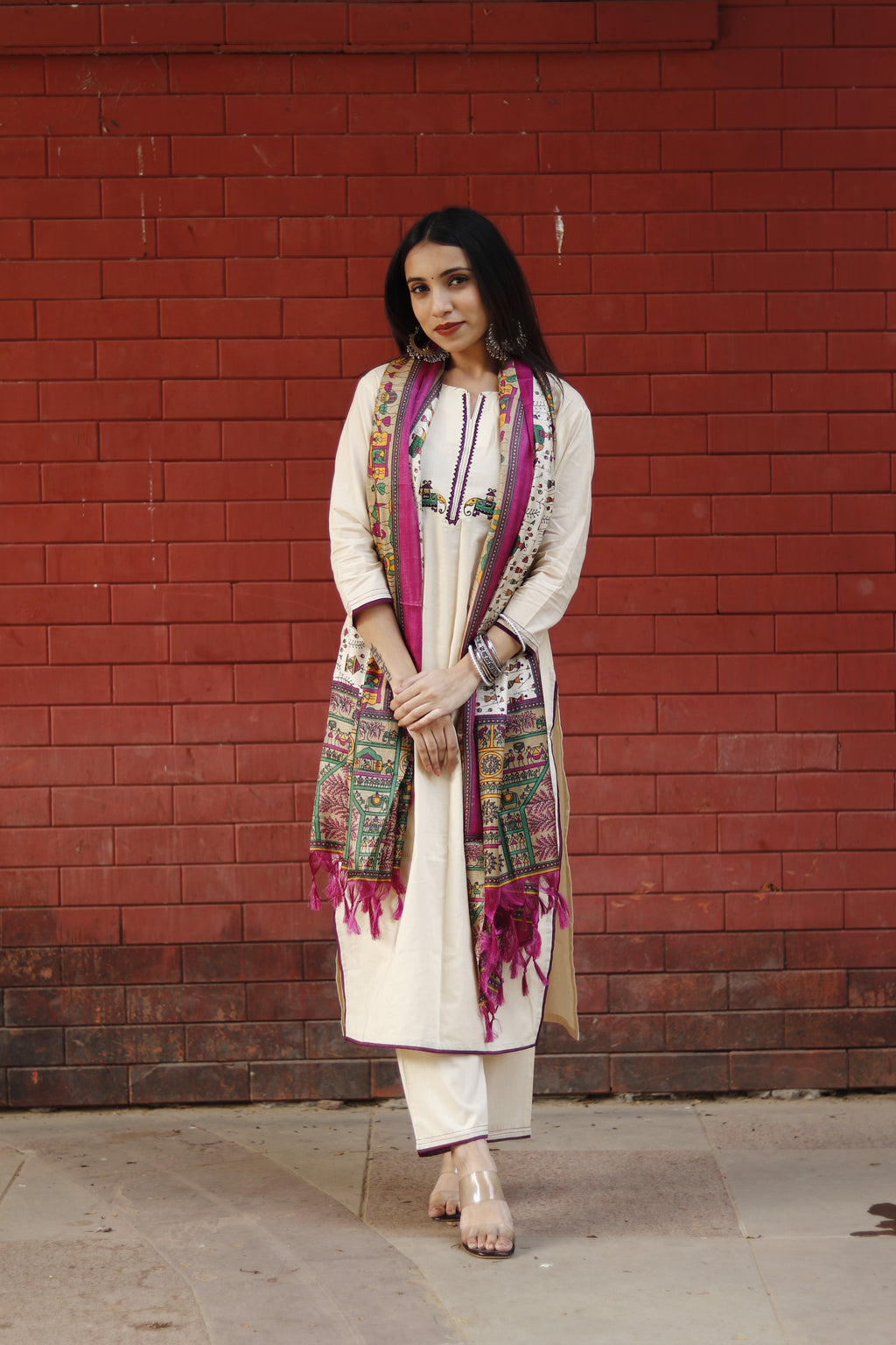 Mughal Motif Solid Cream Suit Set