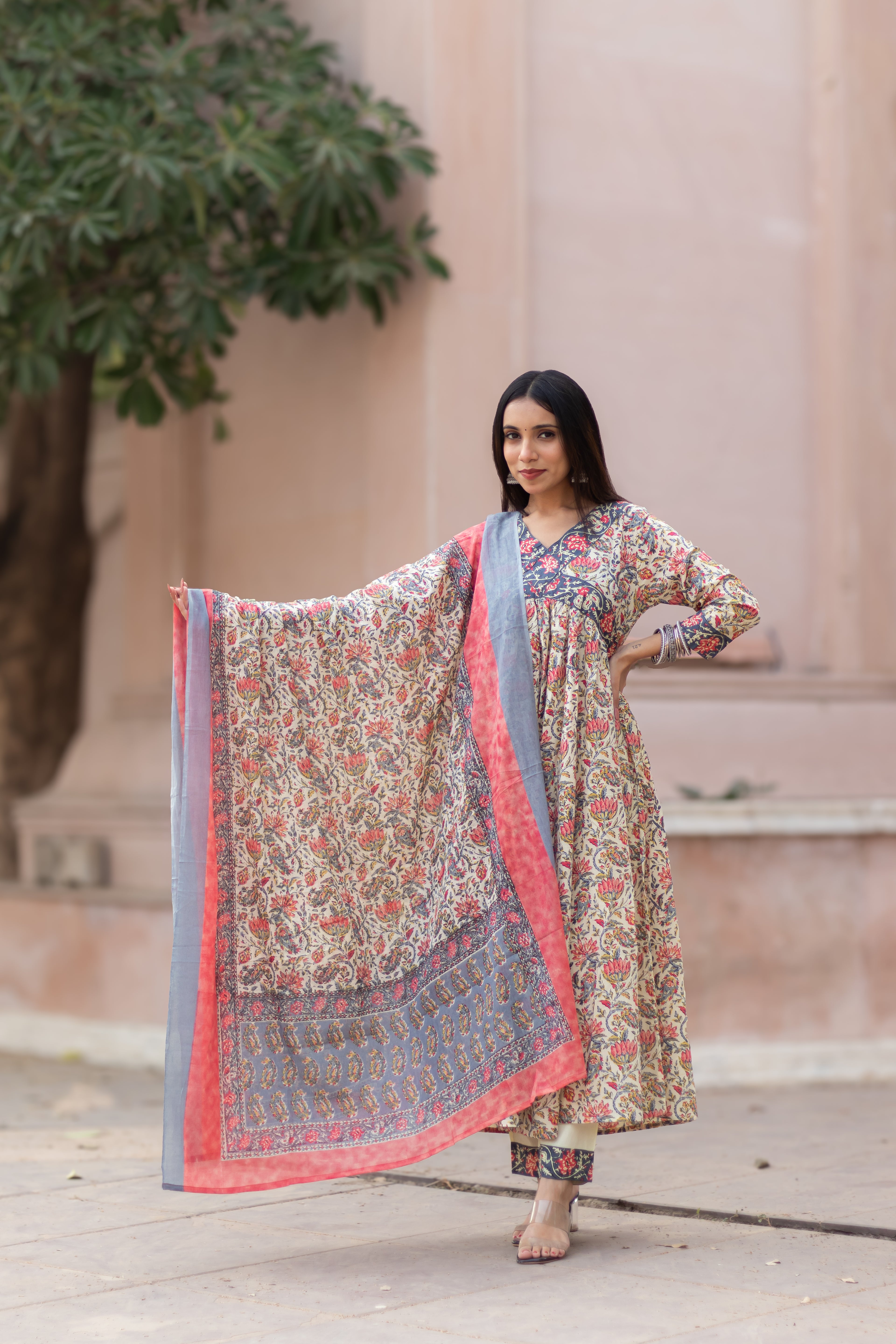 Cotton Handblock Alia Cut Suit Set