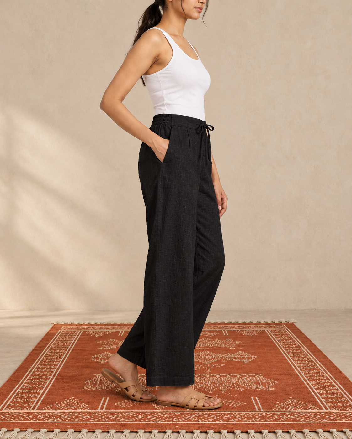 Black cotton slub palazzo pant - side view
