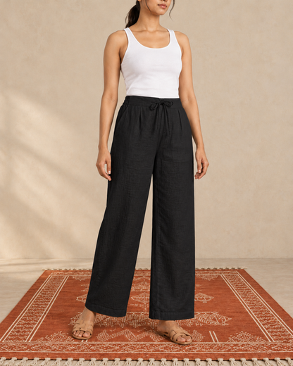 Black cotton slub palazzo pant - front view