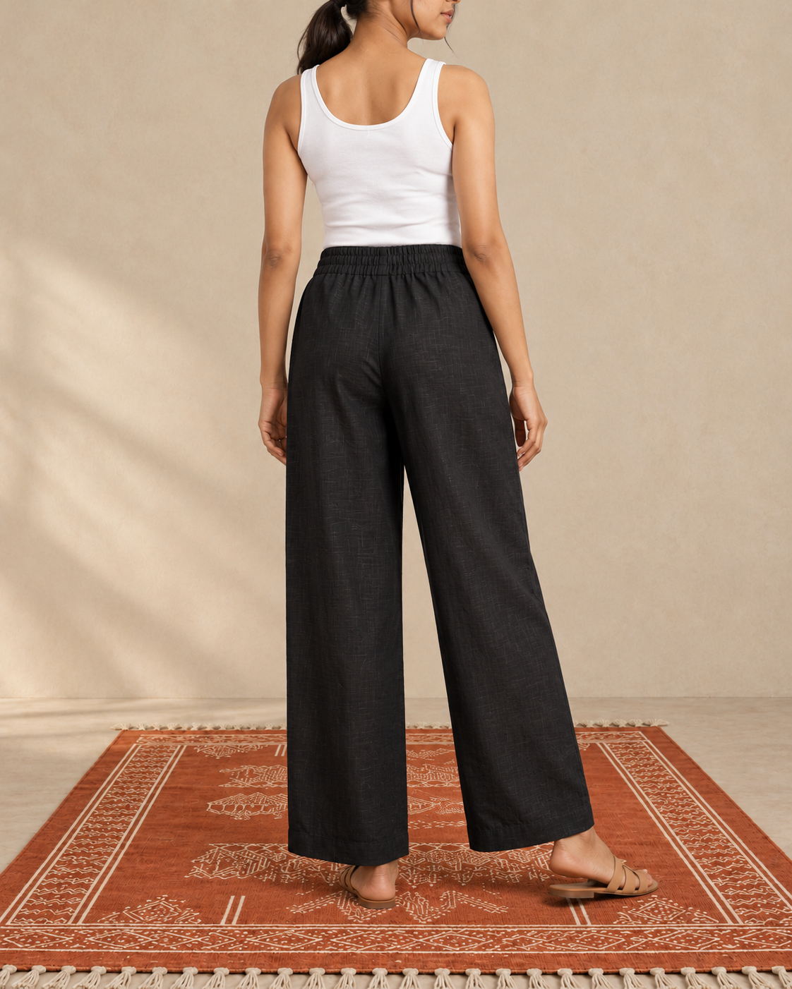 Black cotton slub palazzo pant - back view