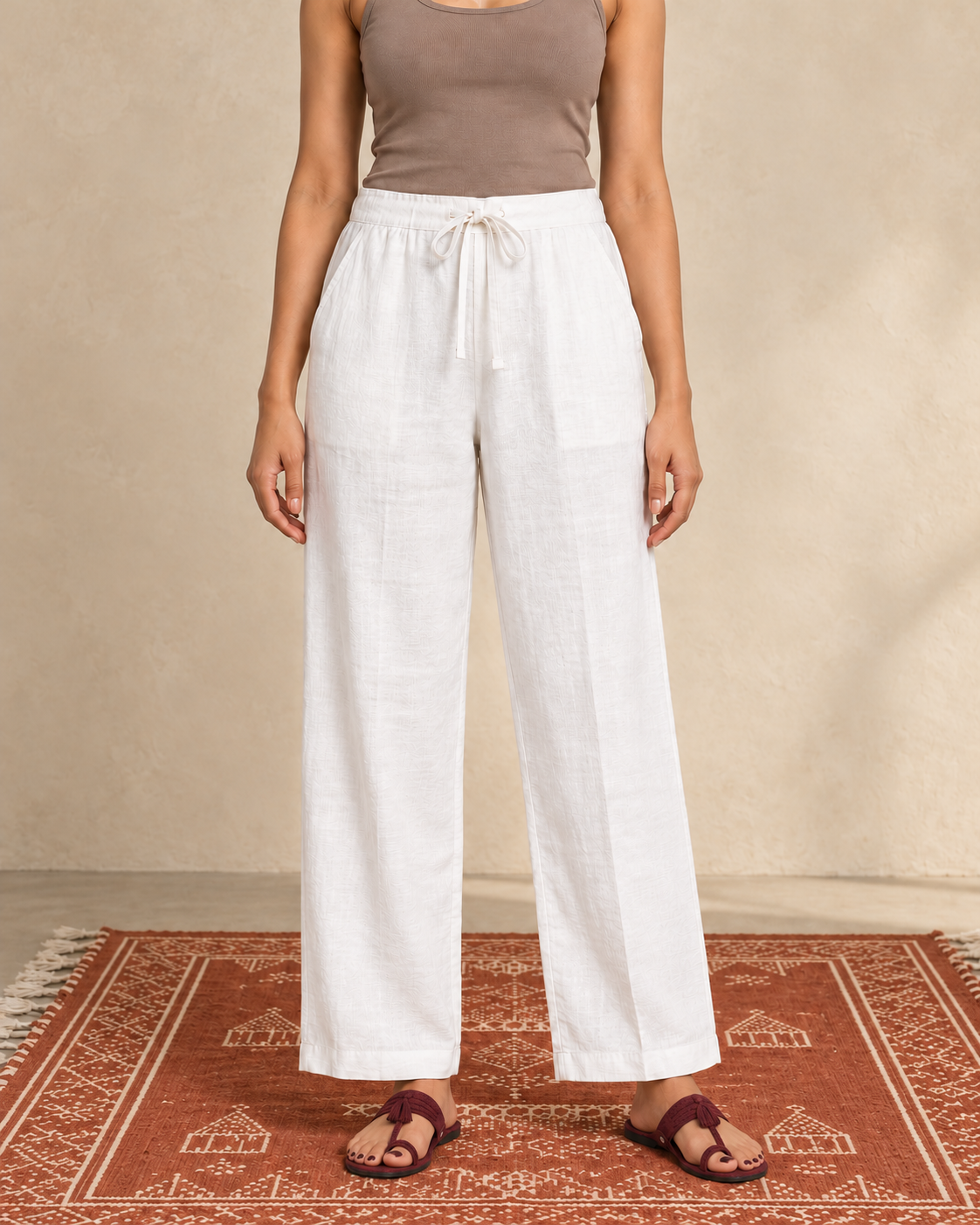 White cotton slub palazzo pant - hem detail with sandals
