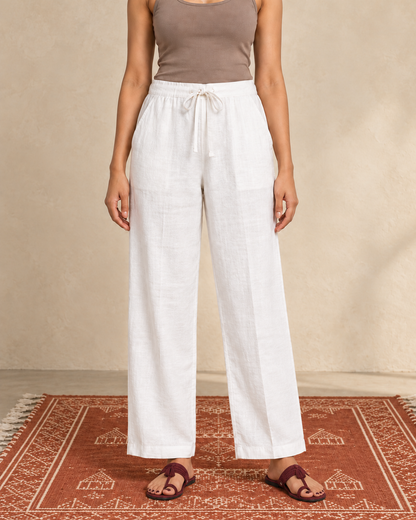 White cotton slub palazzo pant - hem detail with sandals