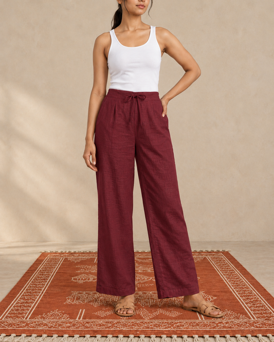 Maroon cotton slub palazzo pant - front view