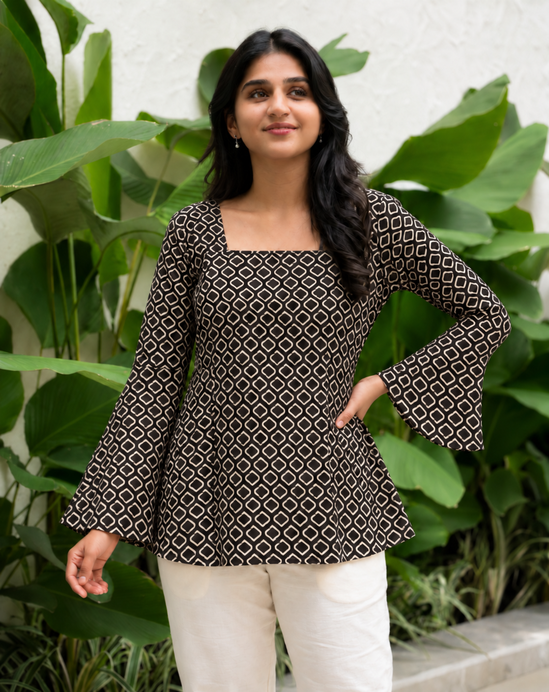Dhaani Black Geometric Print Cotton Corset Top