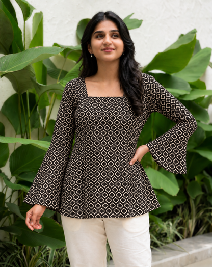 Dhaani Black Geometric Print Cotton Corset Top