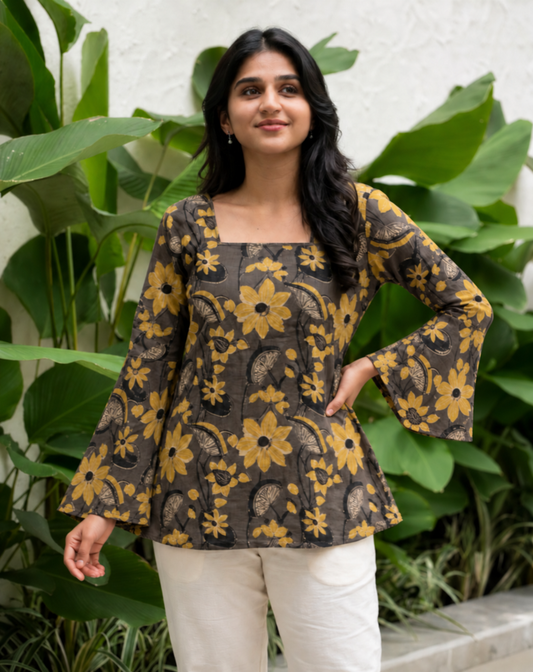 Aarna Grey Floral Print Cotton Corset Top