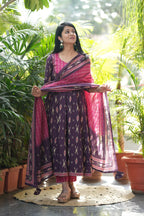 Purple Ikkat Cotton Anarkali Suit Set