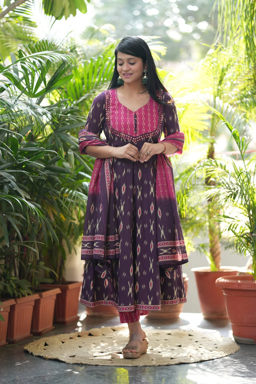 Purple Ikkat Cotton Anarkali Suit Set