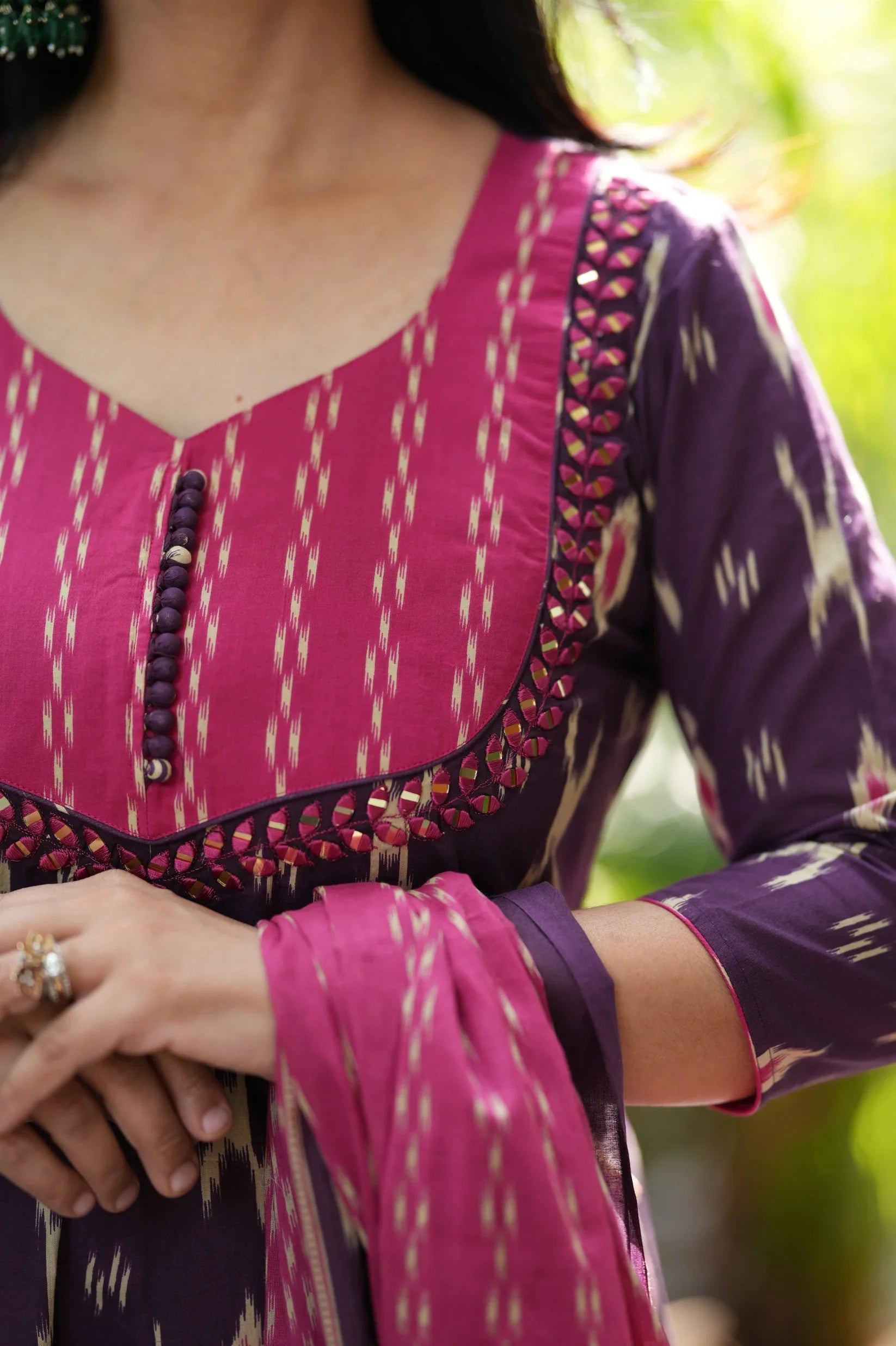 Purple Ikkat Cotton Anarkali Suit Set