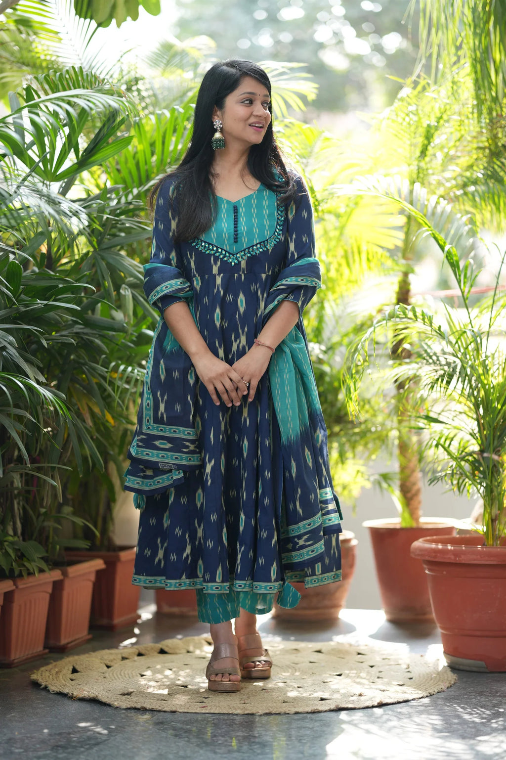 Blue Ikkat Cotton Anarkali Suit Set
