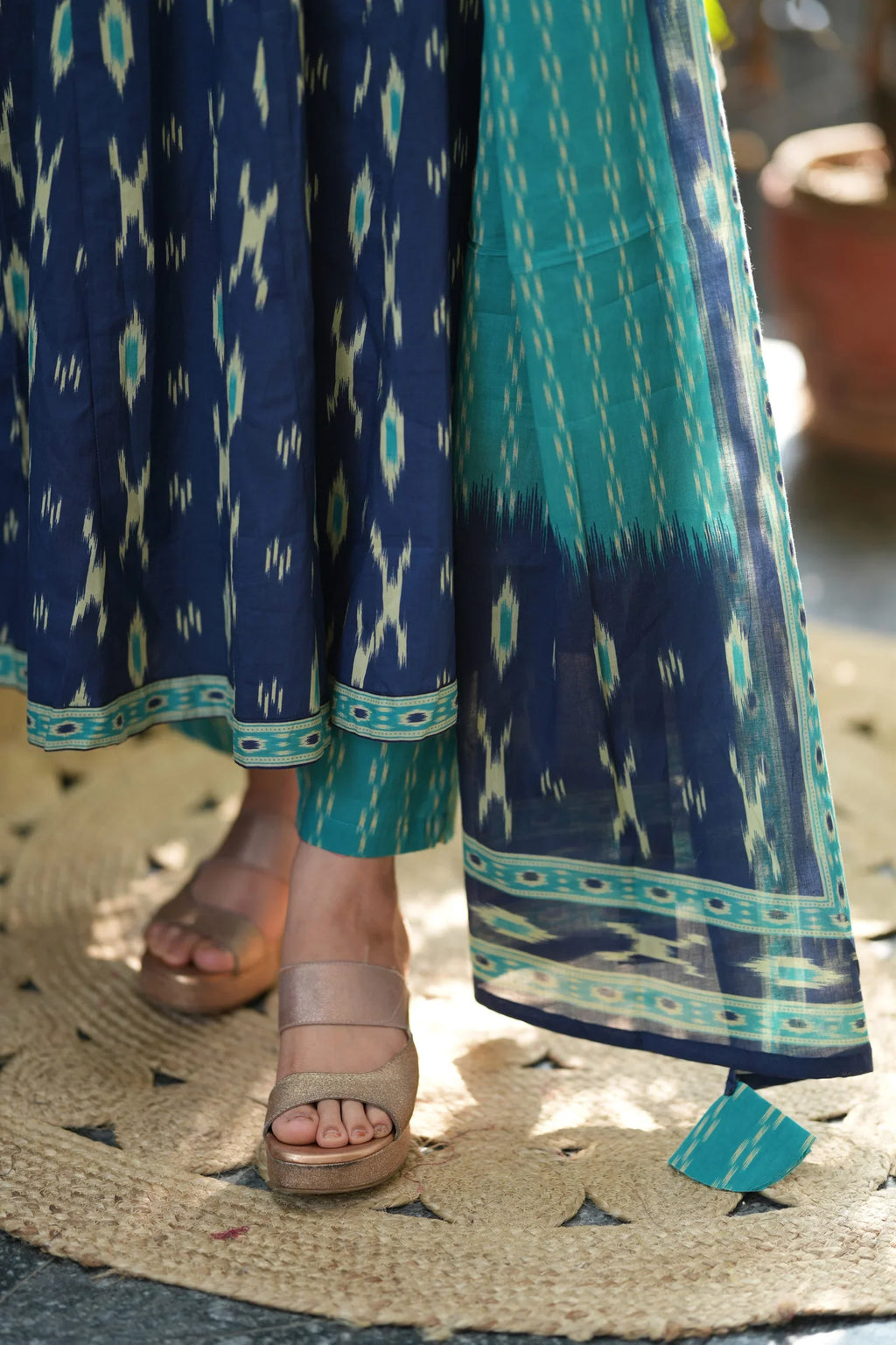 Blue Ikkat Cotton Anarkali Suit Set