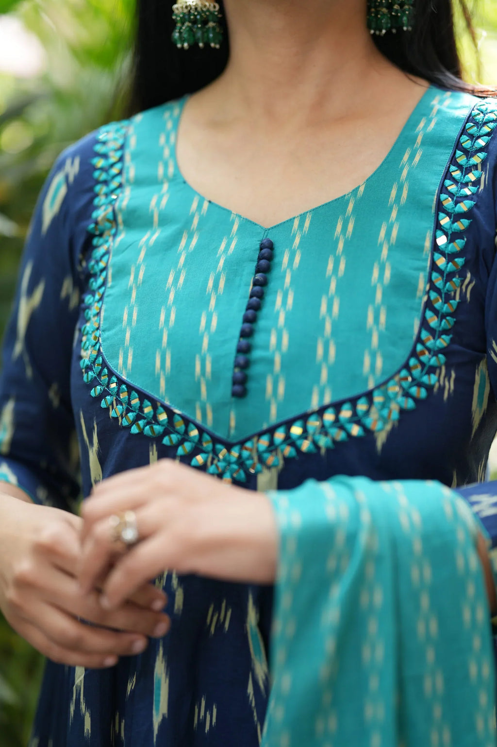 Blue Ikkat Cotton Anarkali Suit Set