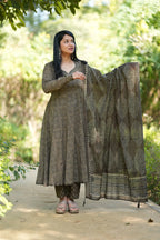 Green Ajrakh Print Cotton Anarkali Suit Set