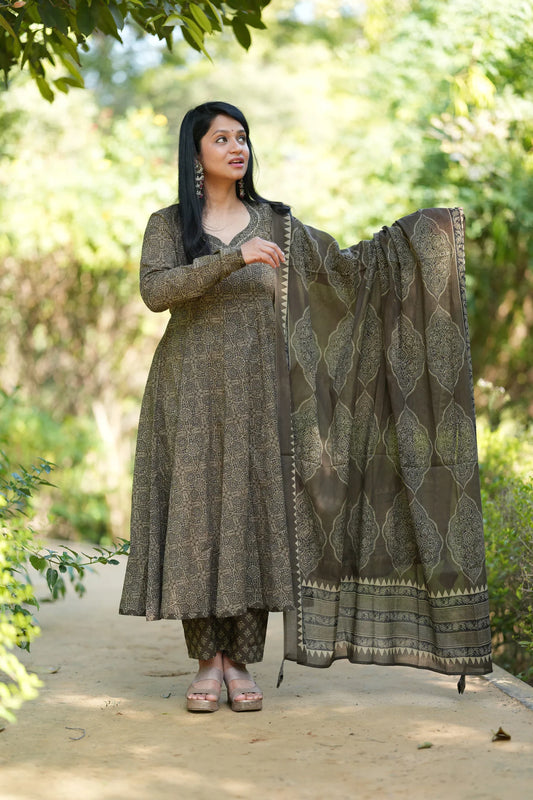 Green Ajrakh Print Cotton Anarkali Suit Set