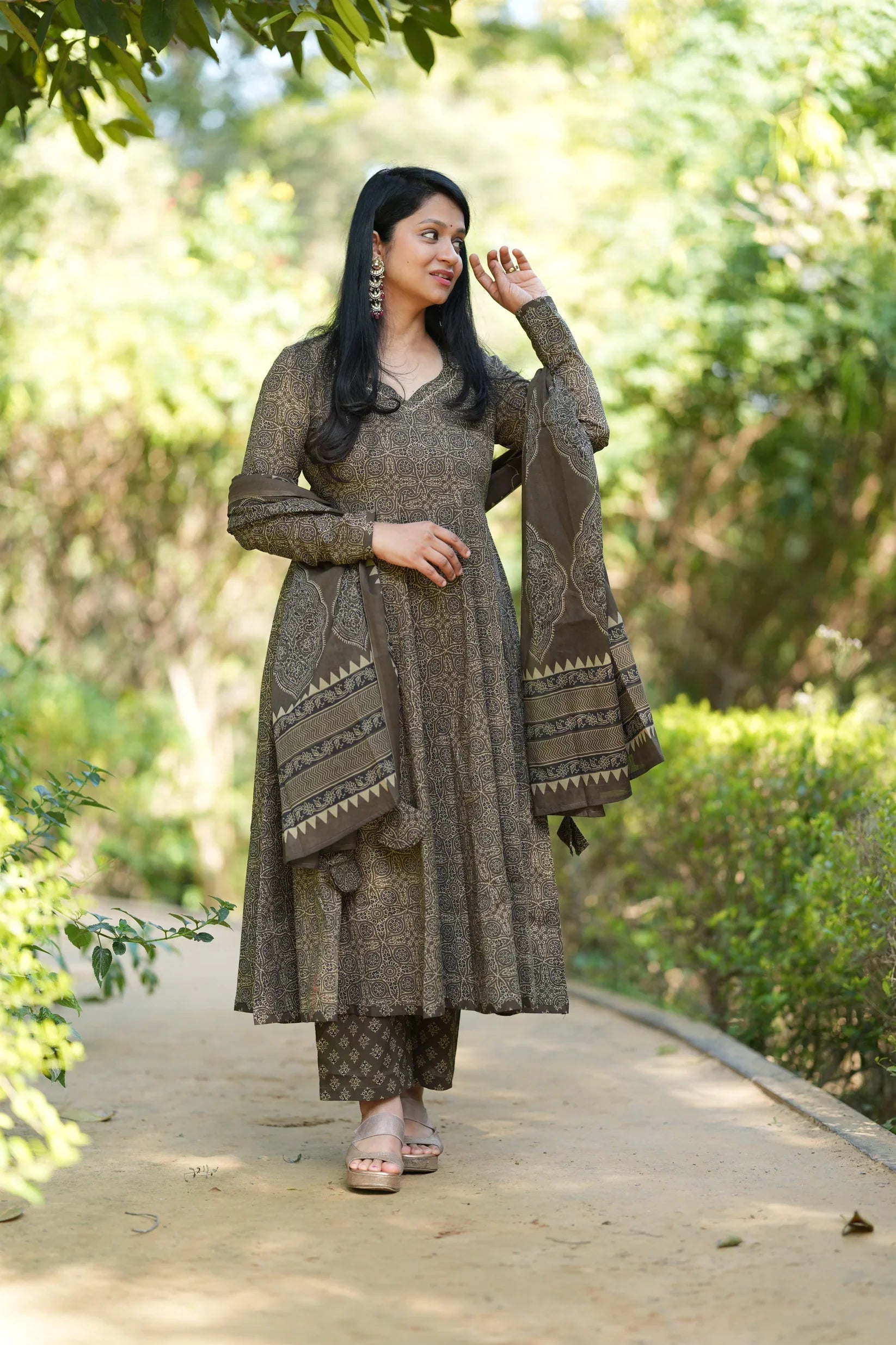 Green Ajrakh Print Cotton Anarkali Suit Set