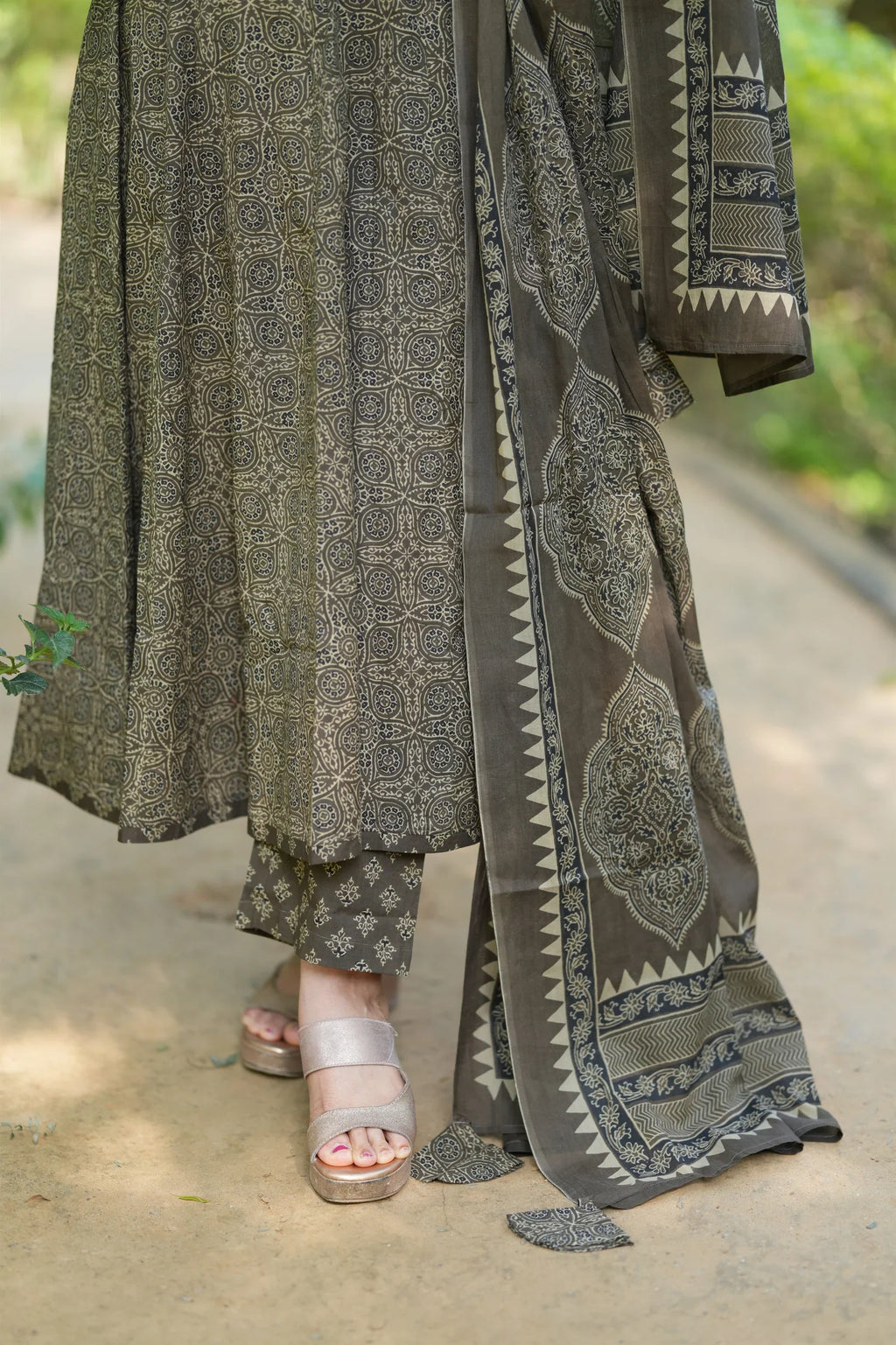 Green Ajrakh Print Cotton Anarkali Suit Set