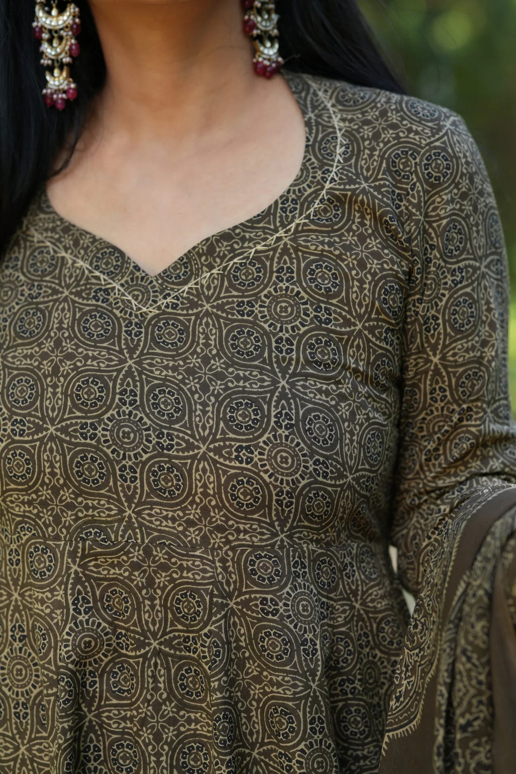 Green Ajrakh Print Cotton Anarkali Suit Set
