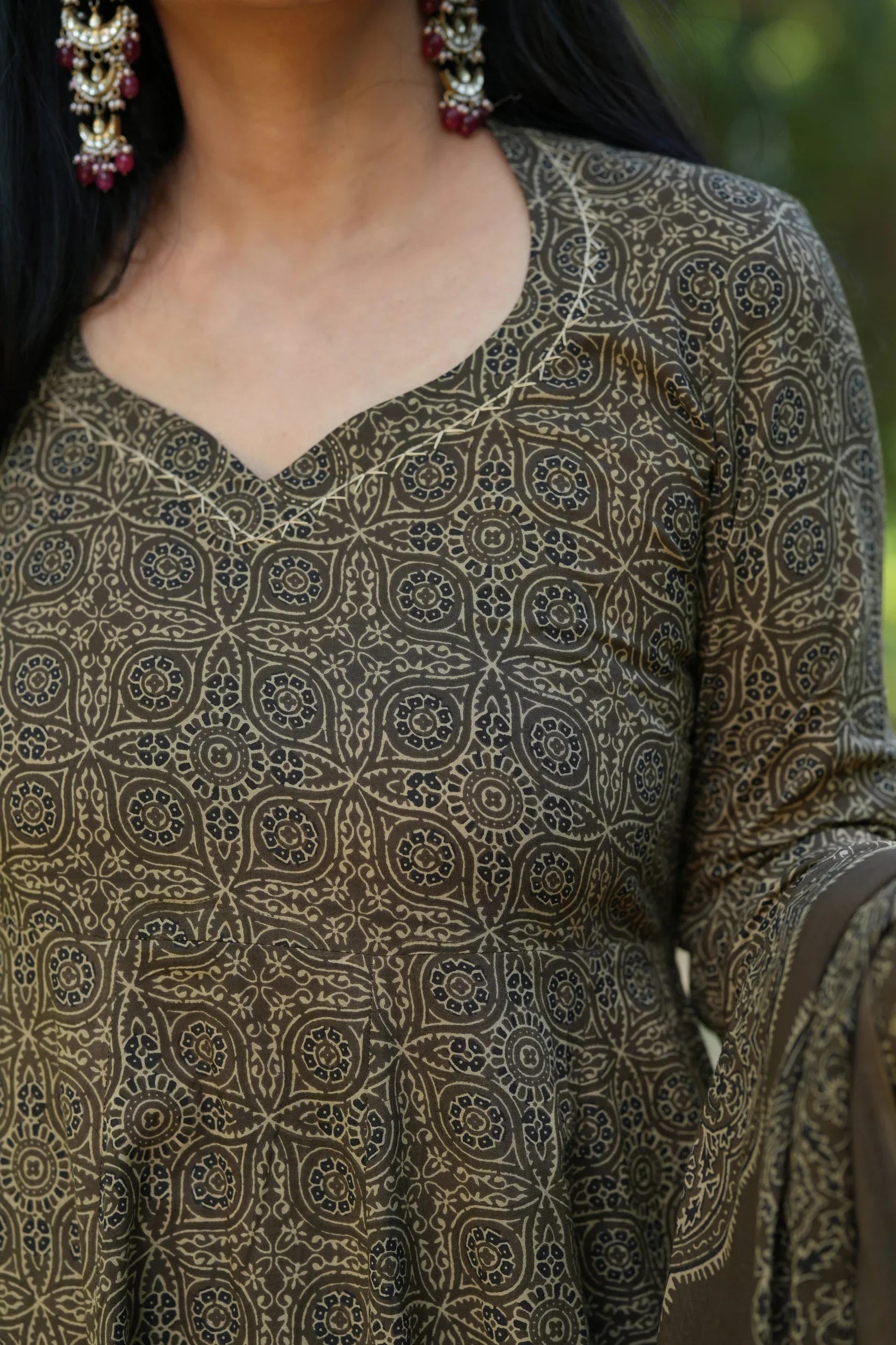 Green Ajrakh Print Cotton Anarkali Suit Set