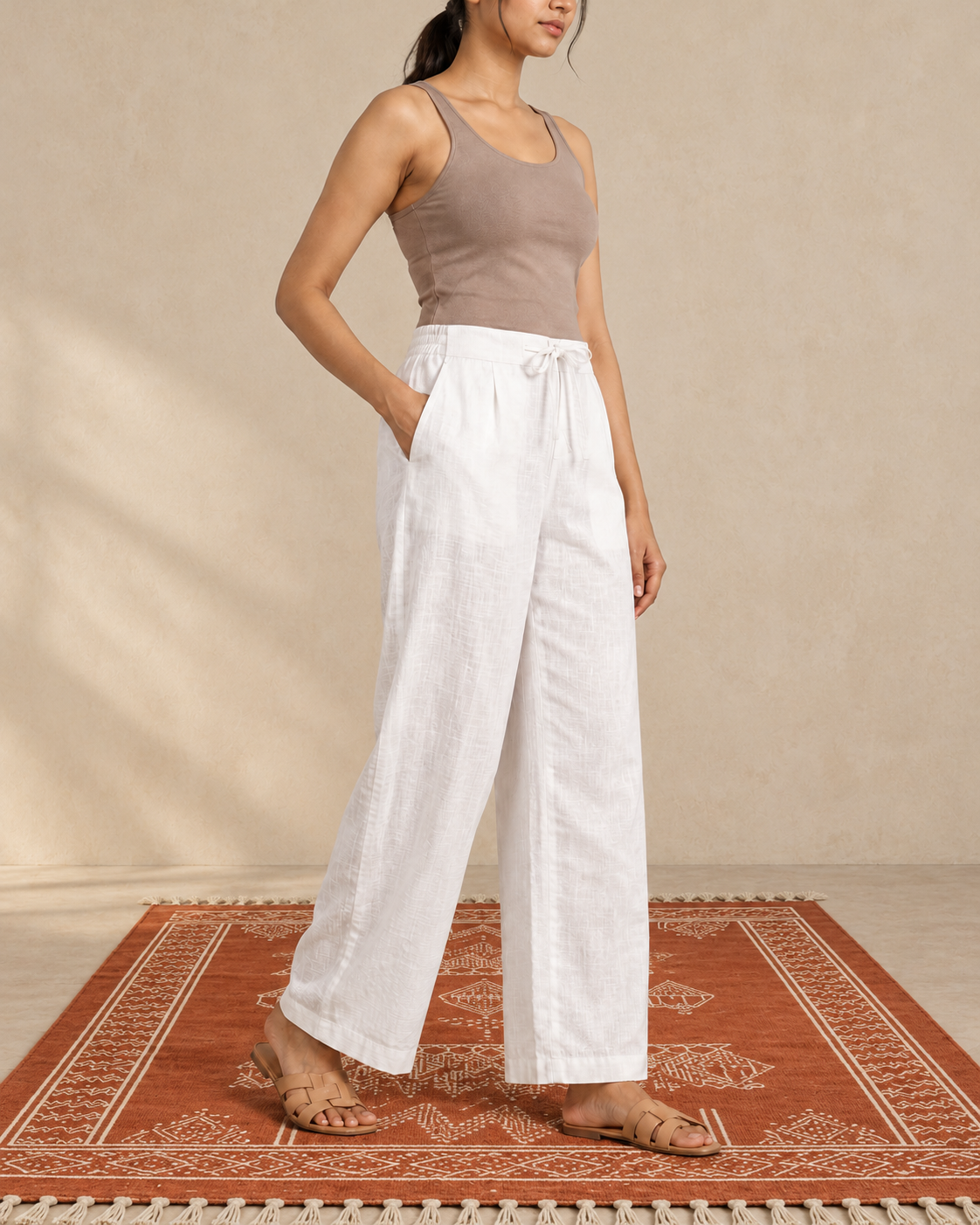 White cotton slub wide-leg palazzo pant