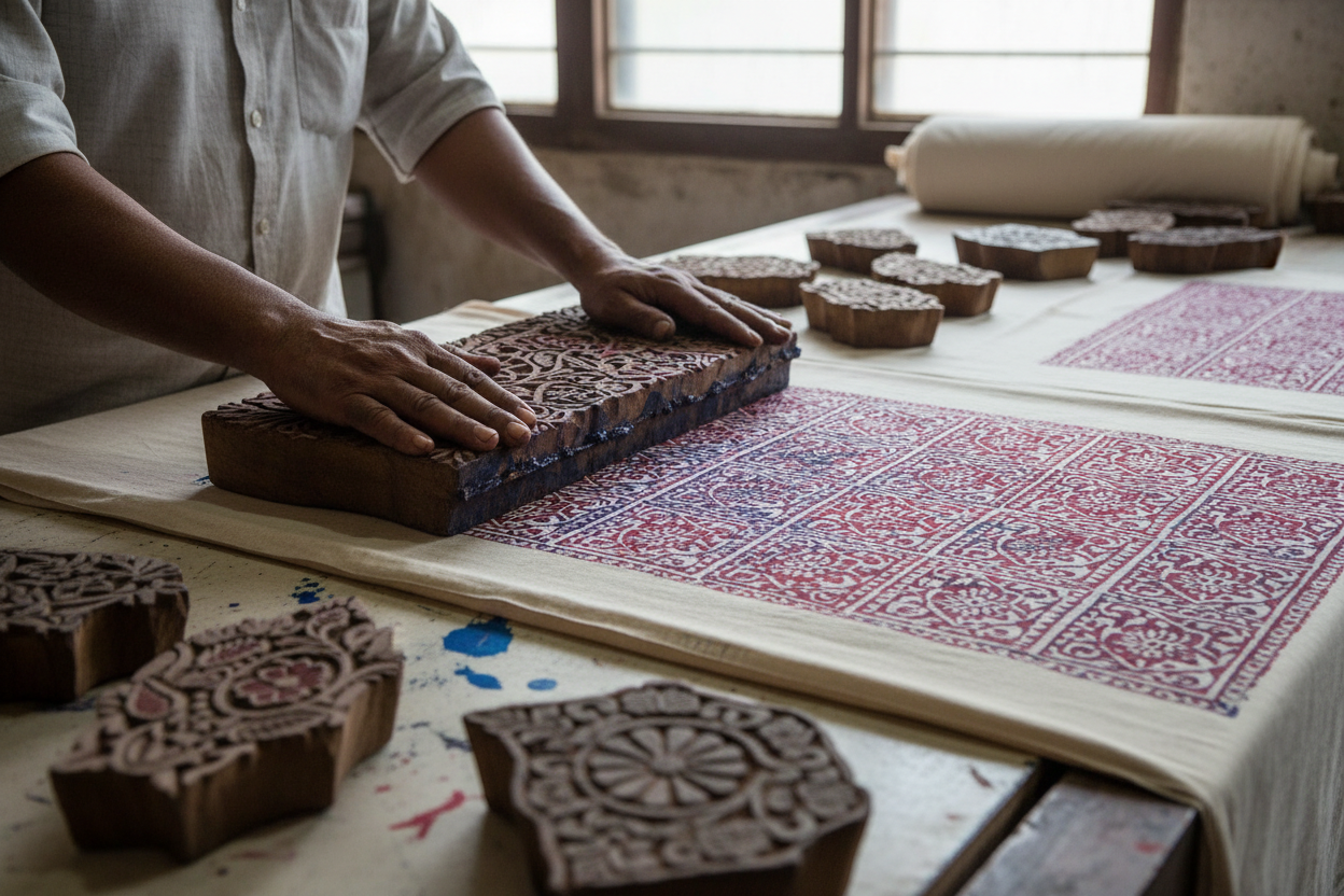 artician handblock printing work on fabric 