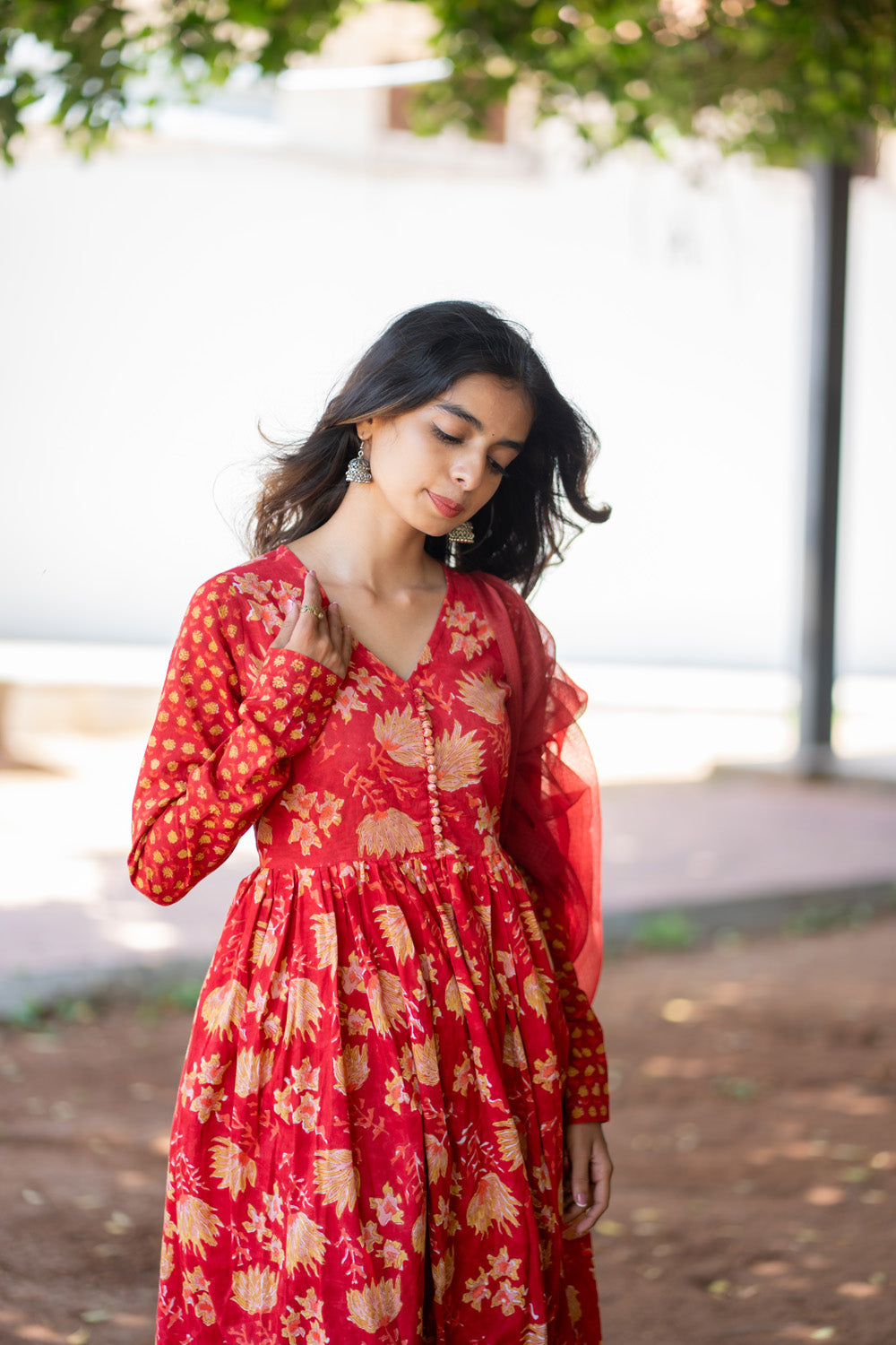 Ishaani red anarkali kurti - V-neckline, button detail and contrast printed sleeves