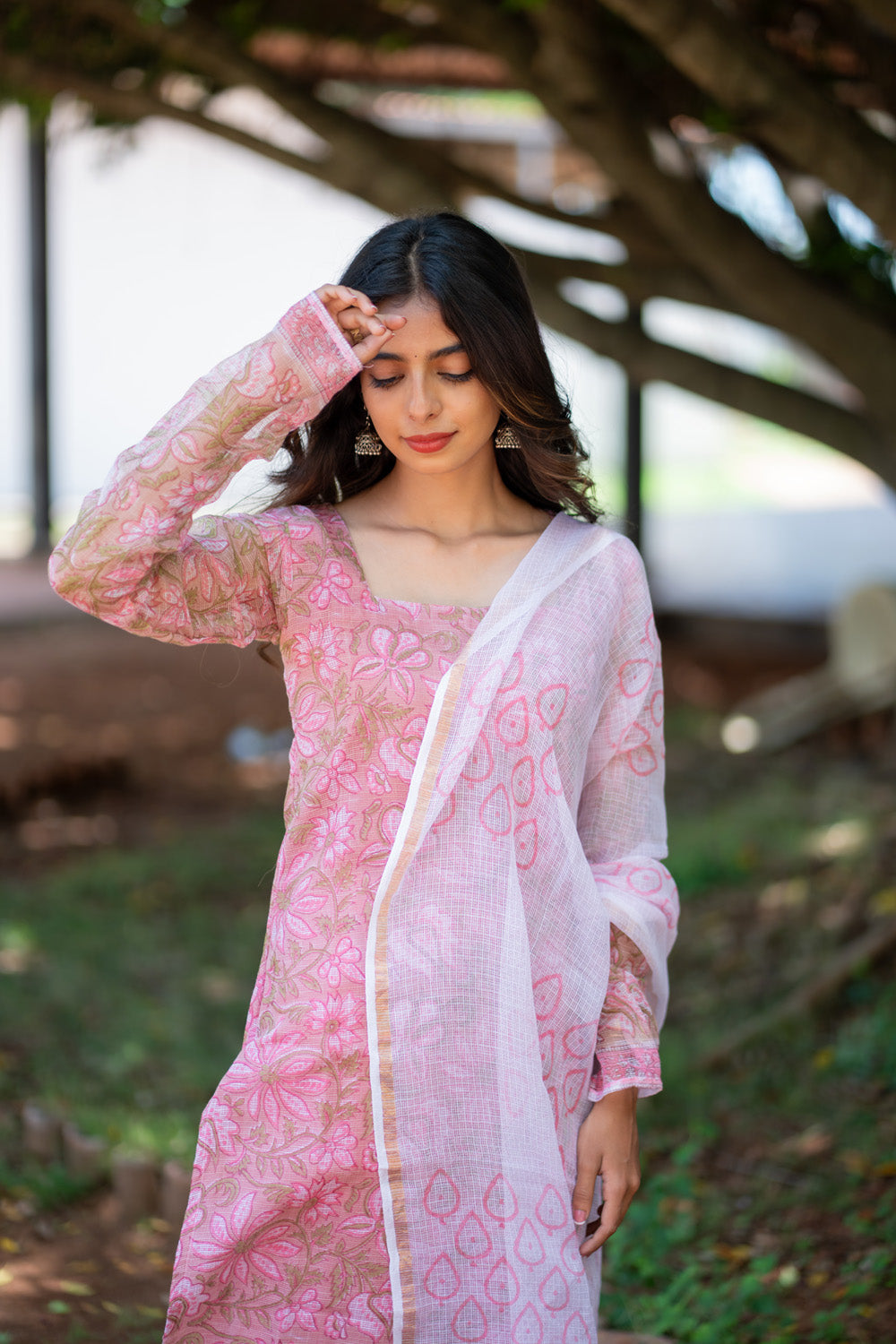 Rukmini pink kurti - square neck and sheer full sleeves