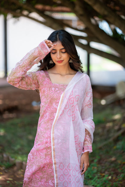 Rukmini pink kurti - square neck and sheer full sleeves