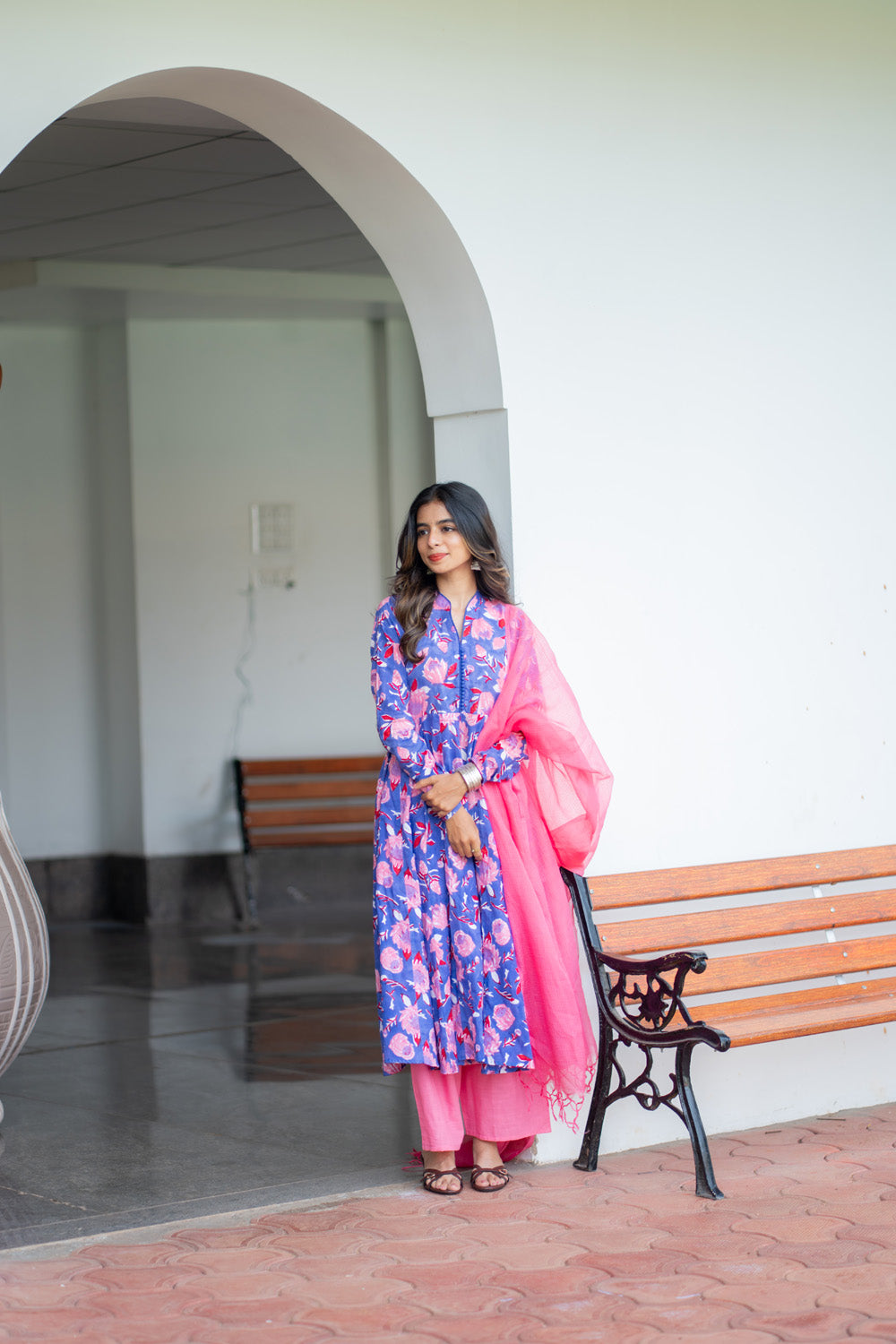 Oviya blue handblock printed cotton suit set with pink kota doria dupatta - front view