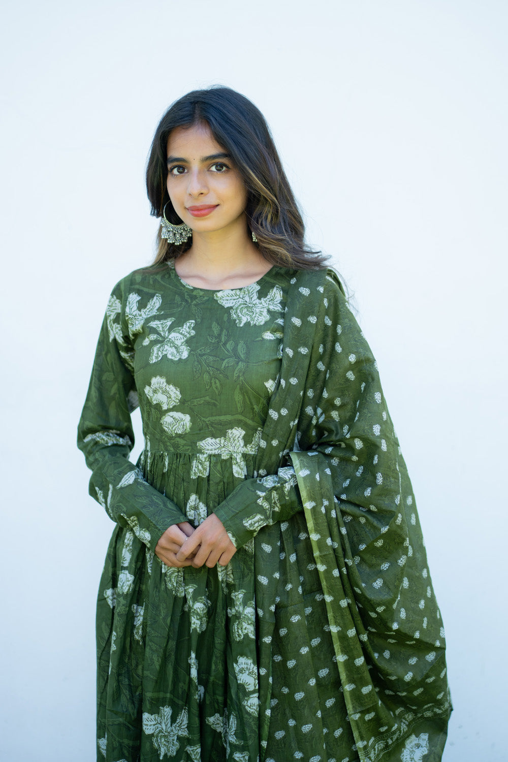 Sanjana olive green anarkali kurti - round neck and full sleeves
