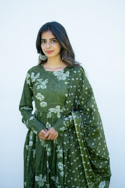 Sanjana olive green anarkali kurti - round neck and full sleeves