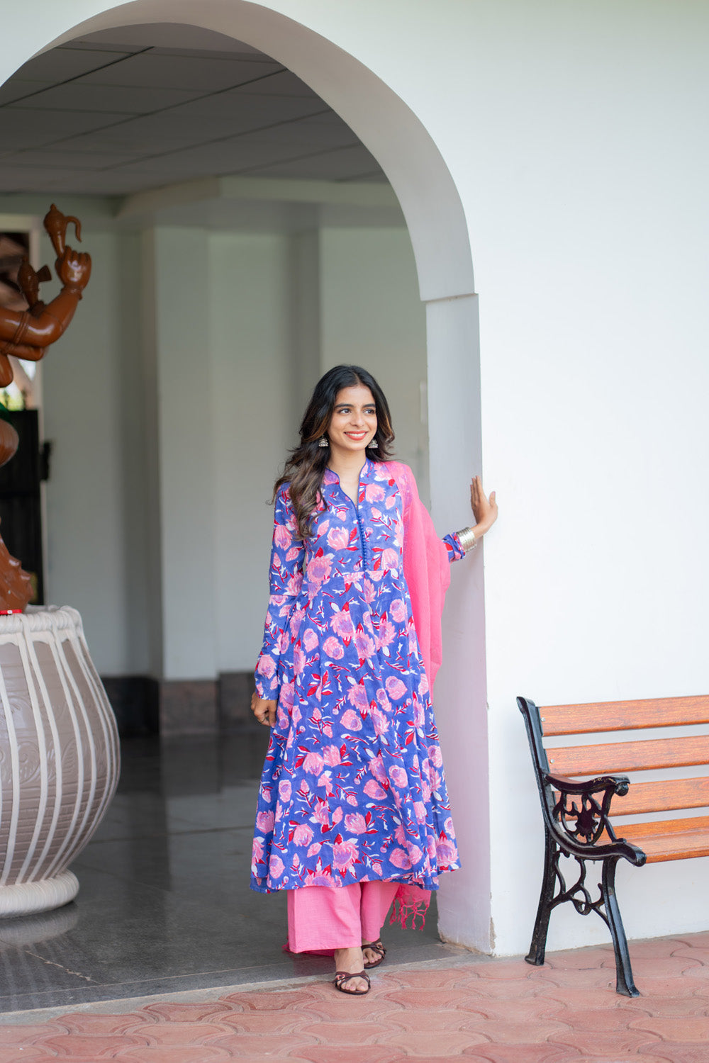 Oviya blue floral suit set - full length view of flared kurti