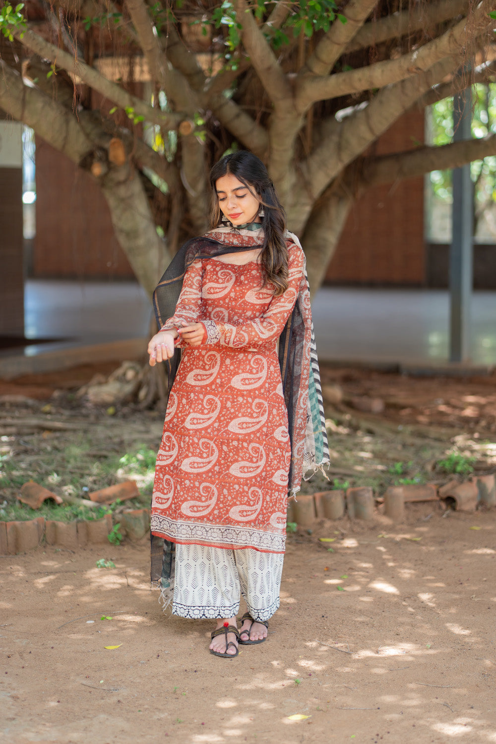 Vidya rust paisley kurti - full sleeves and printed hem border