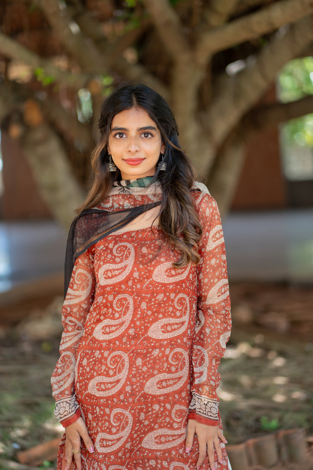Vidya rust kurti - square neckline and paisley print detail