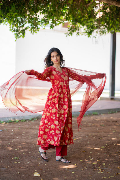Ishaani red handblock printed cotton anarkali suit set with red dupatta