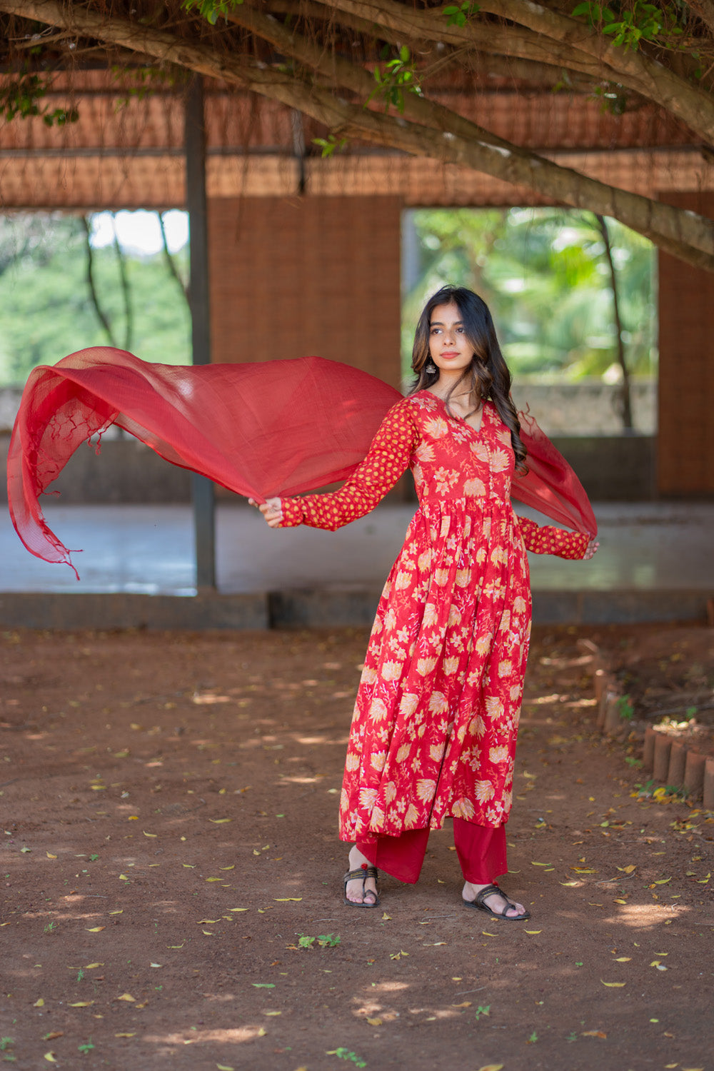 Ishaani red anarkali suit set - lightweight red dupatta