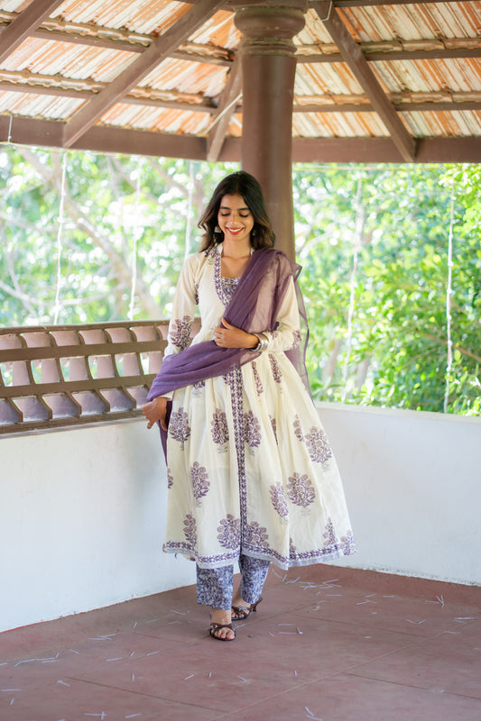 Suganya off-white handblock cotton anarkali suit set with purple dupatta - front view