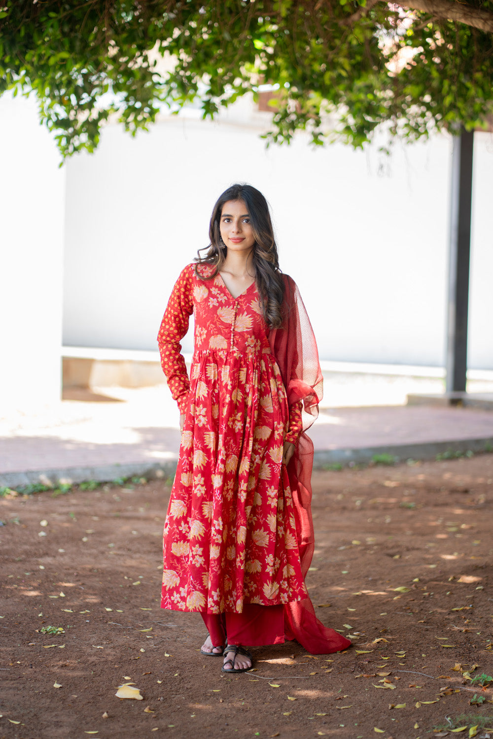 Ishaani red anarkali suit set - full length view with dupatta