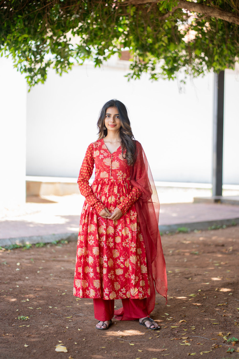 Ishaani red floral anarkali suit set - front view