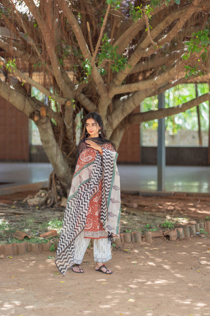Vidya suit set with printed dupatta draped over both shoulders