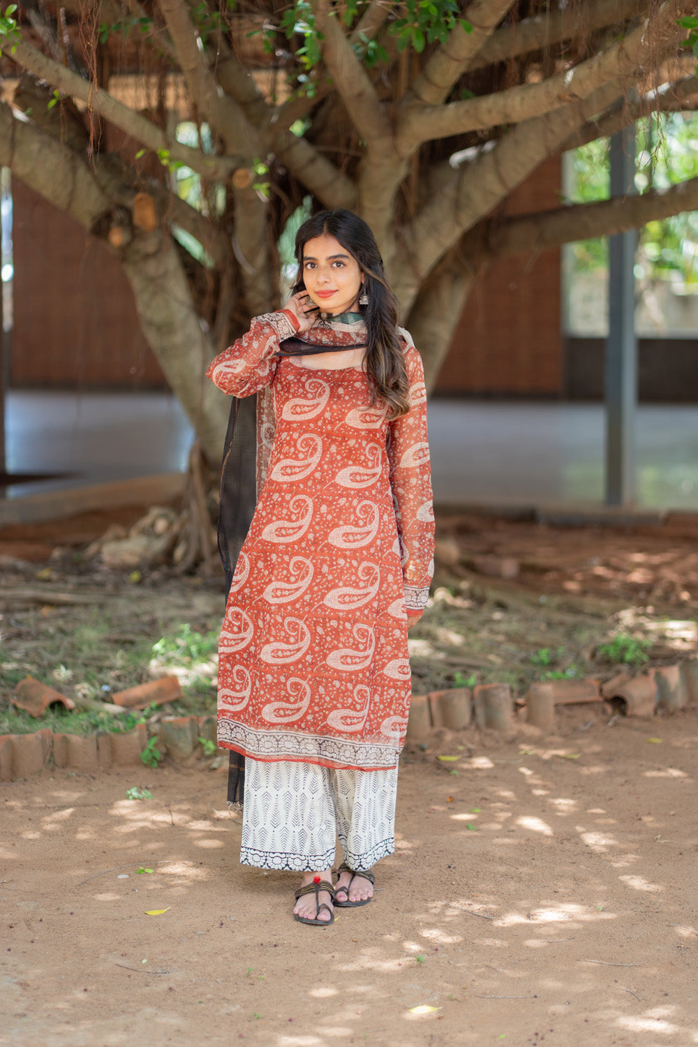 Vidya rust paisley kurti with white printed pant - full length view
