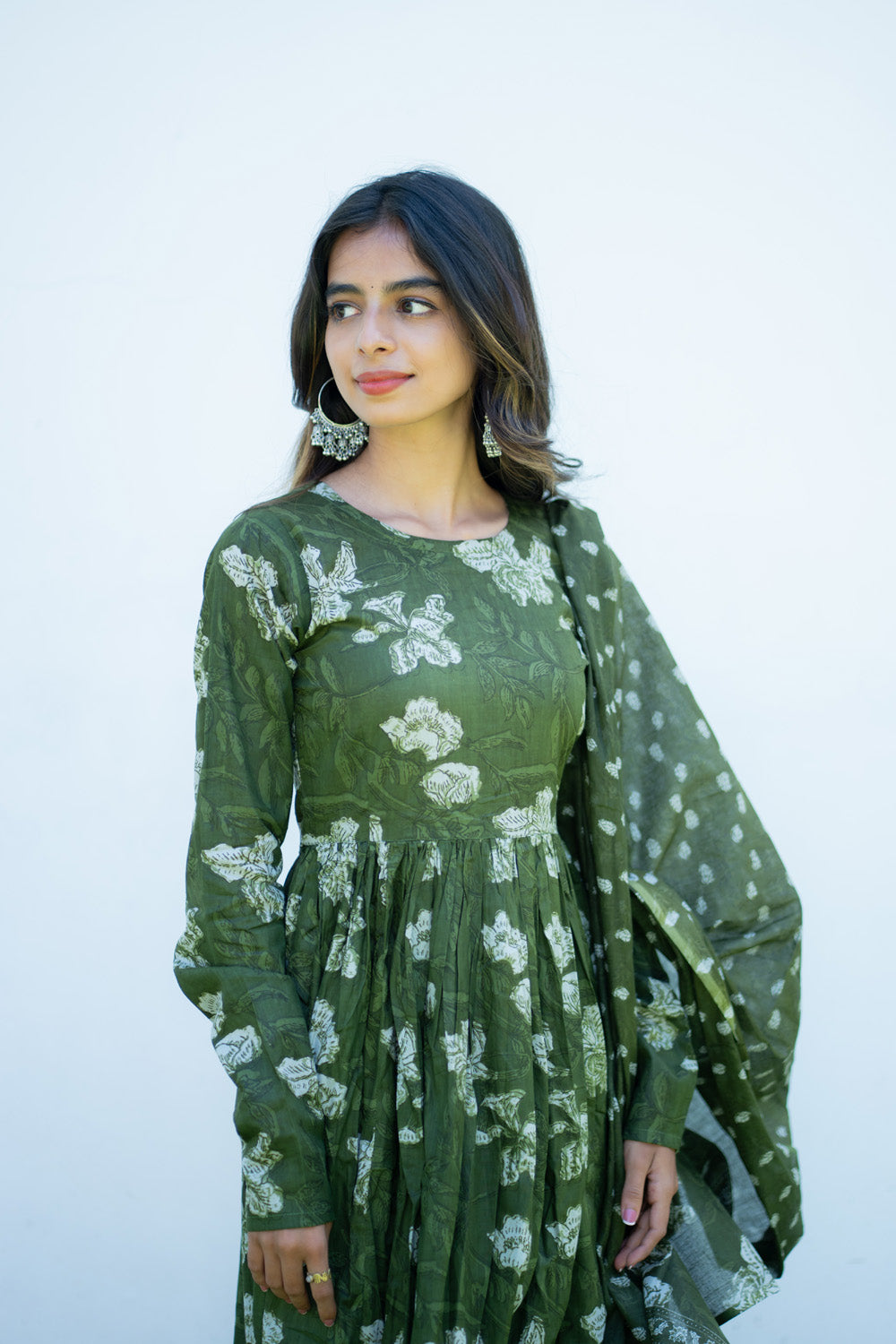 Sanjana olive green anarkali kurti - close view of ivory floral print