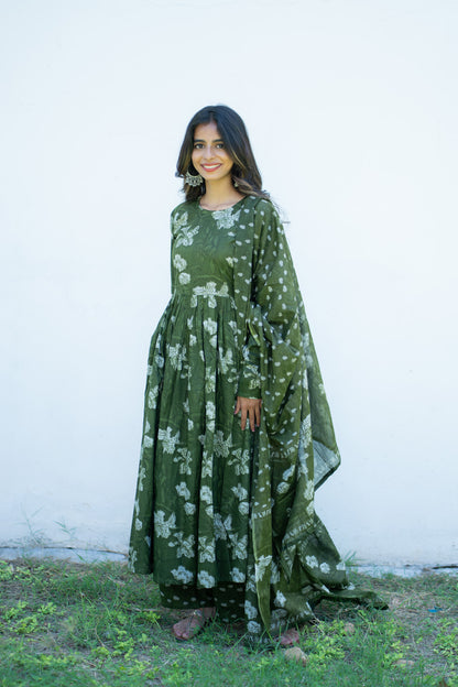 Sanjana olive green anarkali suit set - side view showing flare