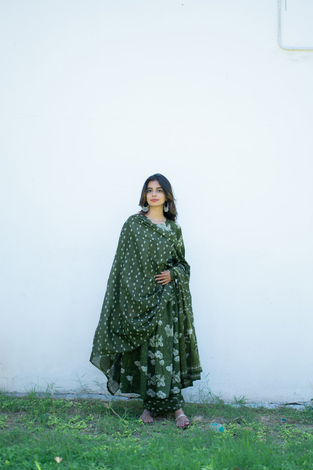 Sanjana olive green handblock printed cotton anarkali suit set with dupatta - front view